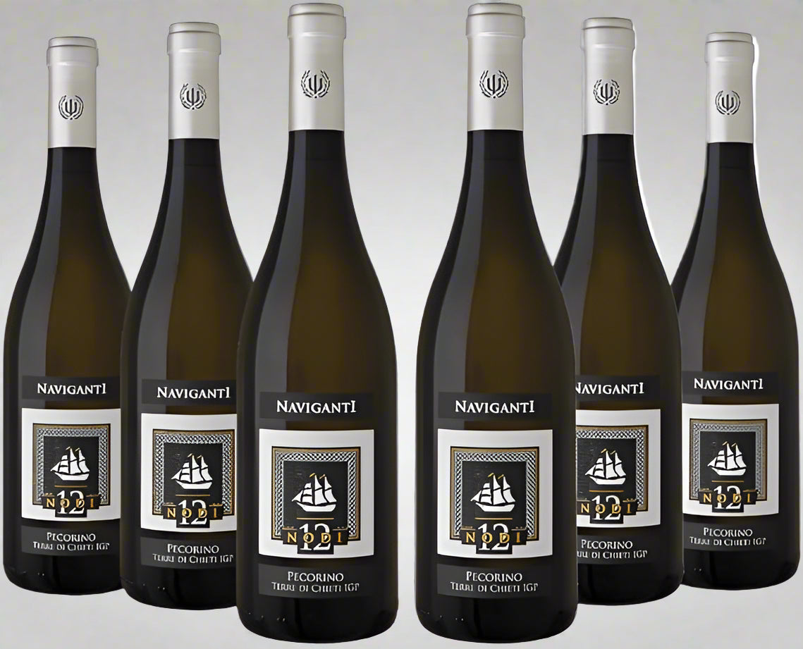 Six bottles of Naviganti Pecorino wine on a white background