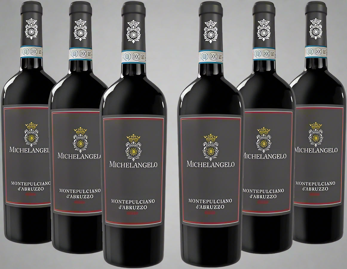 Six bottles of Michelangelo Montepulciano d'Abruzzo wine on a white background